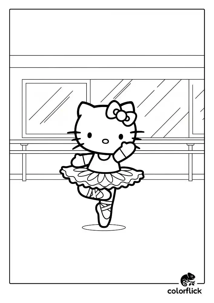 A black and white coloring page of Ballerina Hello Kitty posing gracefully in a tutu and ballet slippers in front of a dance studio mirror and barre.