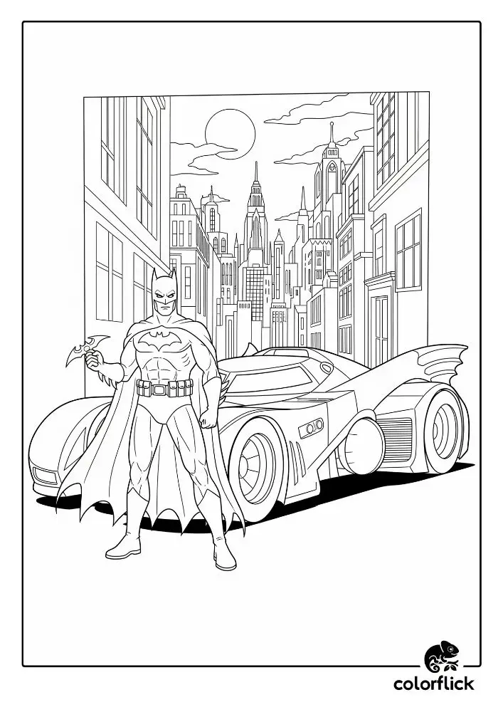 Coloring page sketch of Batman standing next to the Batmobile on a Gotham City street while holding a Batarang