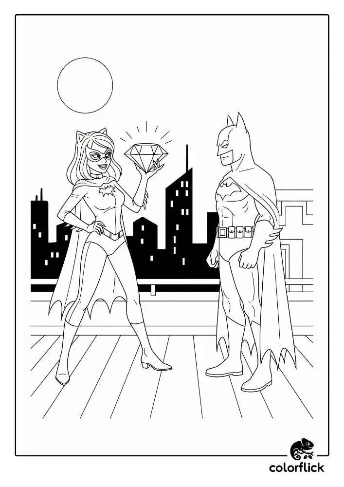 Coloring page sketch of Batman confronting Catwoman, who is holding a large stolen diamond on a rooftop