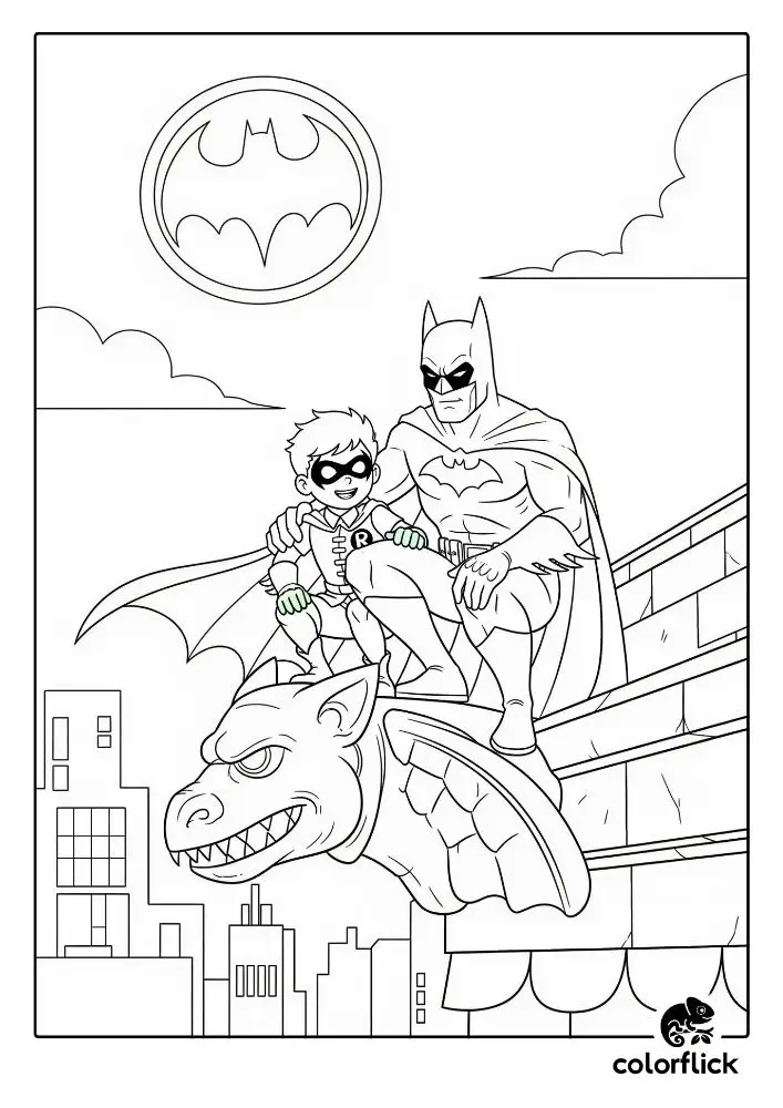 Coloring page sketch of Batman and Robin sitting together on a gargoyle with the Bat-Signal in the background