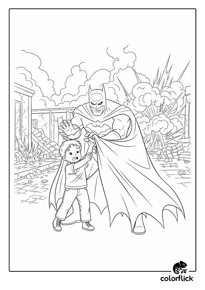 Coloring page sketch of Batman using his cape to shield a small child from an explosion and debris in a damaged city