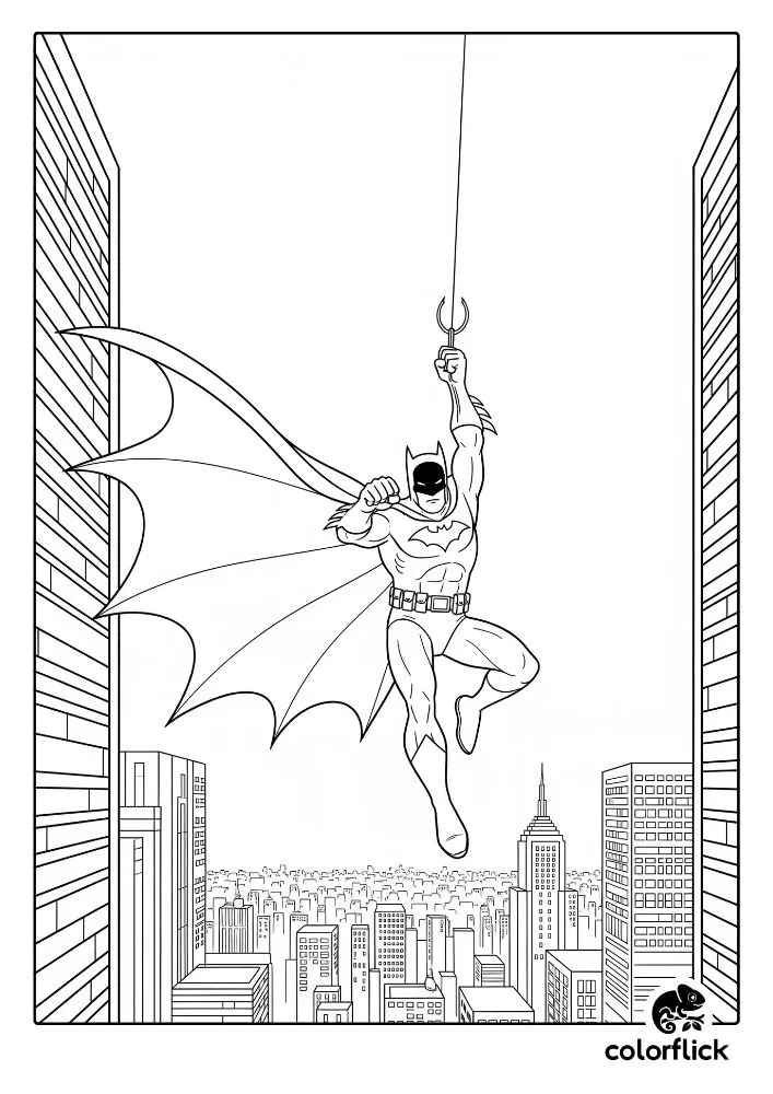 Coloring page sketch of Batman swinging between the tall buildings of Gotham City using his grappling hook