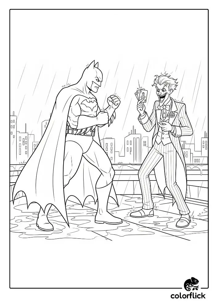 Coloring page sketch of Batman facing his archenemy, The Joker, on a rainy rooftop in Gotham City, holding playing cards
