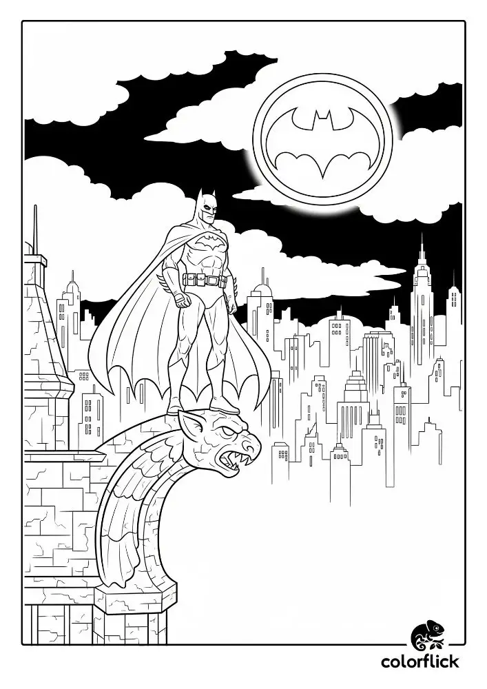 Coloring page sketch of the superhero Batman standing proudly on a gargoyle with the Bat-Signal in the sky above Gotham City