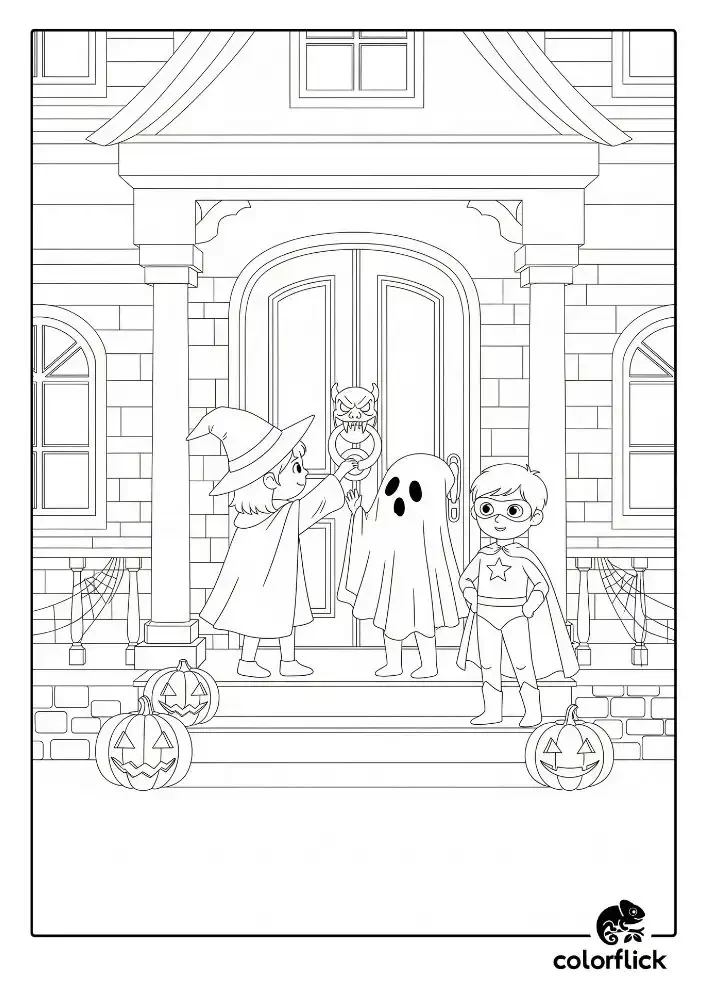 A black and white coloring page of three children in costumes—a witch, a ghost, and a superhero—bravely trick-or-treating at a spooky house with a monster door knocker.