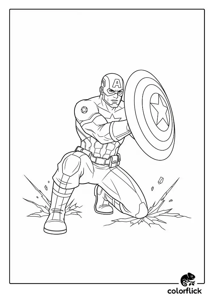 Coloring page sketch of Captain America in a dynamic defensive pose, slamming his shield into the ground