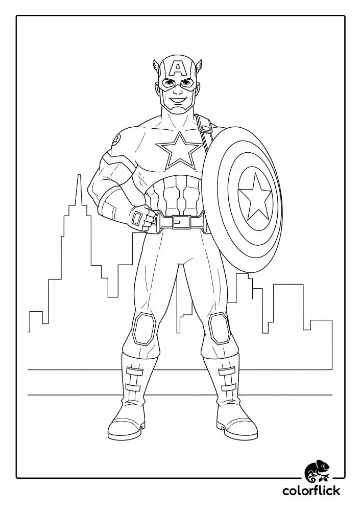 Coloring page sketch of Captain America standing proudly in front of a city skyline with his shield
