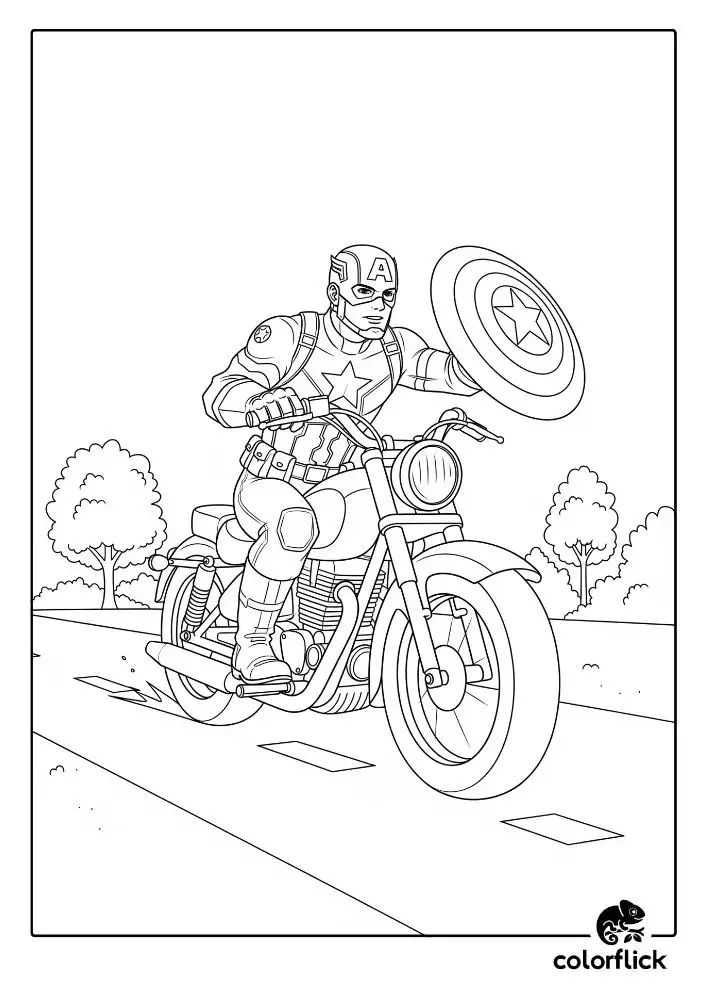 Coloring page sketch of Captain America riding his motorcycle on a road while holding his shield