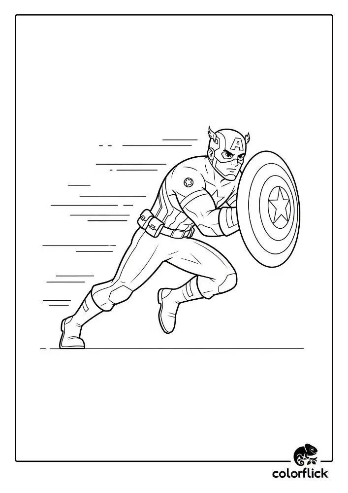 Coloring page sketch of Captain America running at super speed with his shield, with motion lines in the background.