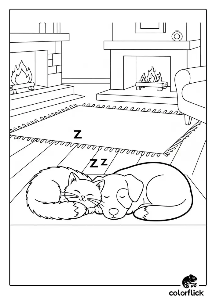 Coloring page sketch of a fluffy cat and a friendly dog sleeping peacefully together on a rug in front of a cozy fireplace.