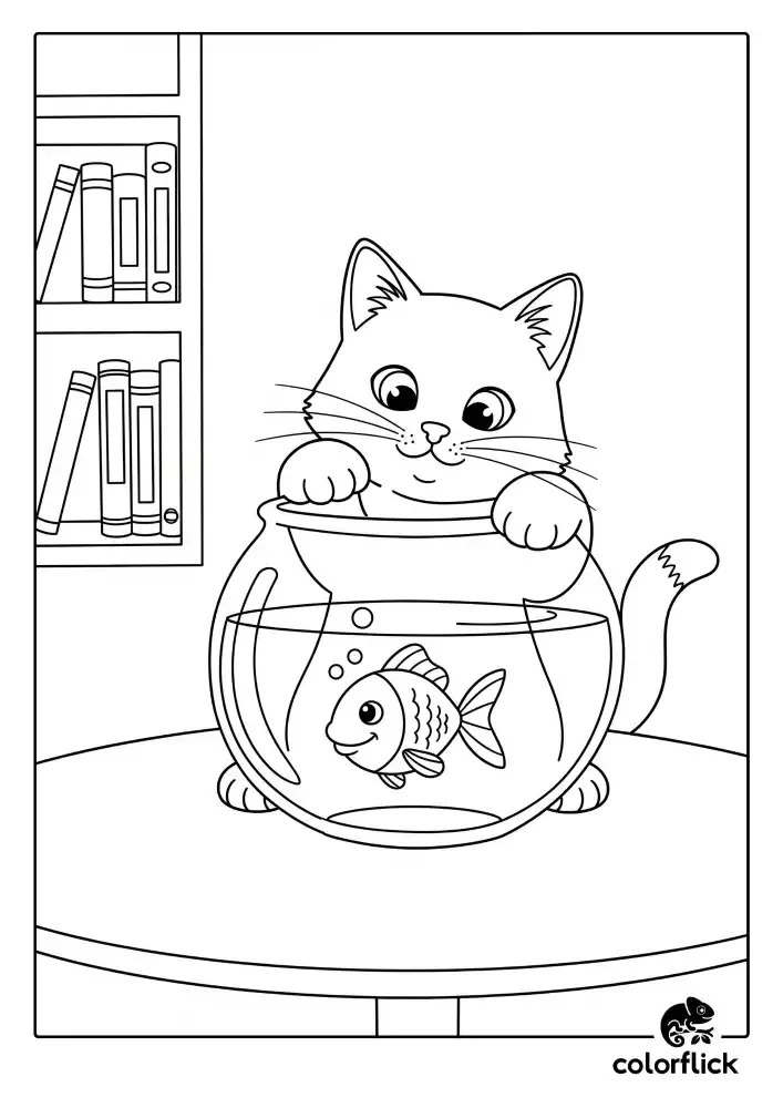 Coloring page sketch of a curious cat with its paws on the edge of a fishbowl, looking at a small goldfish swimming inside.