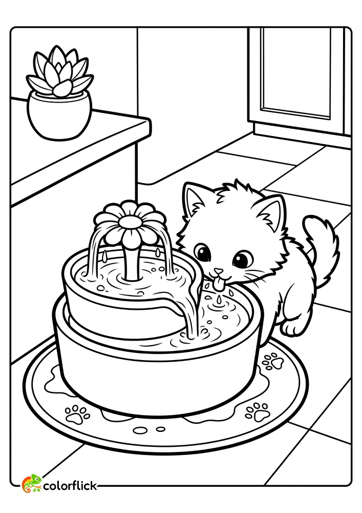 A free printable coloring sheet for kids showing a cute cat drinking from a tiered pet fountain with a flower spout in a kitchen.