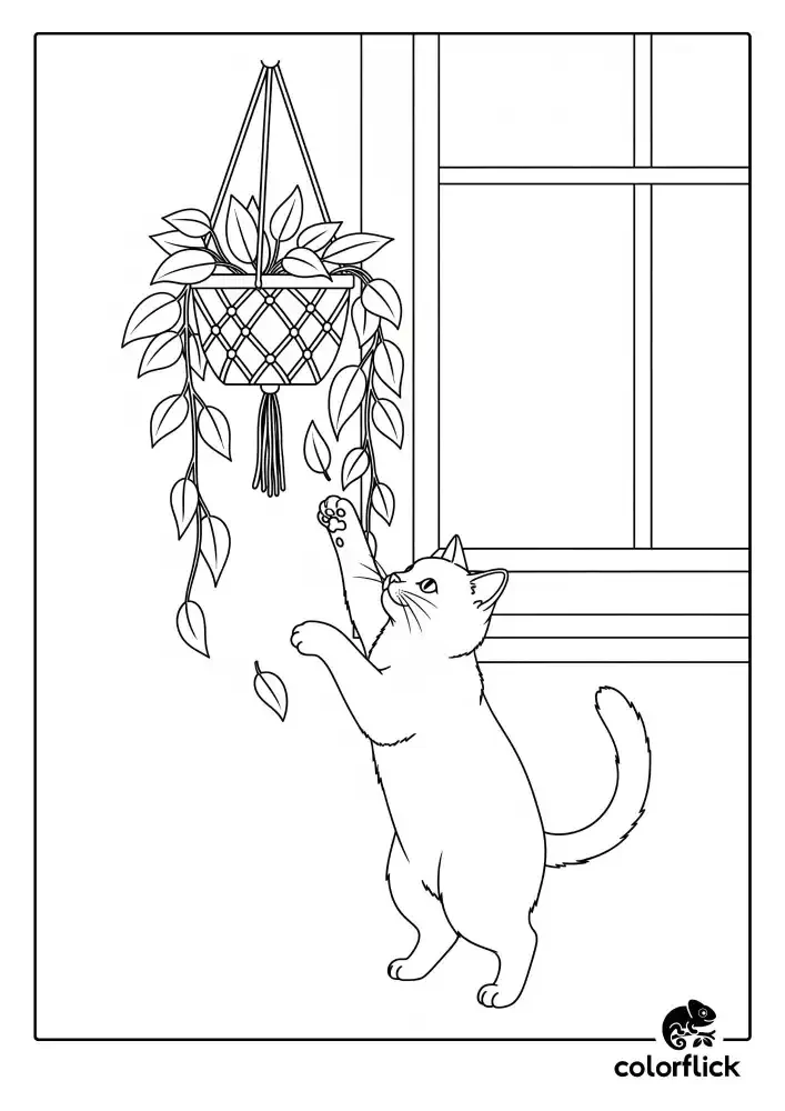 Coloring page sketch of a mischievous cat standing on its hind legs to bat at a hanging houseplant, causing leaves to fall.