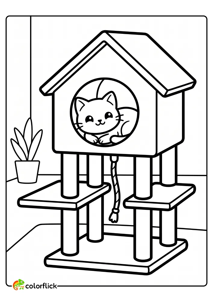 A cute, happy cat rests inside a cozy house-shaped cubby on a multi-level cat tree. A dangling rope toy with a tassel hangs from the entrance. This free printable coloring sheet is perfect for kids and cat lovers.