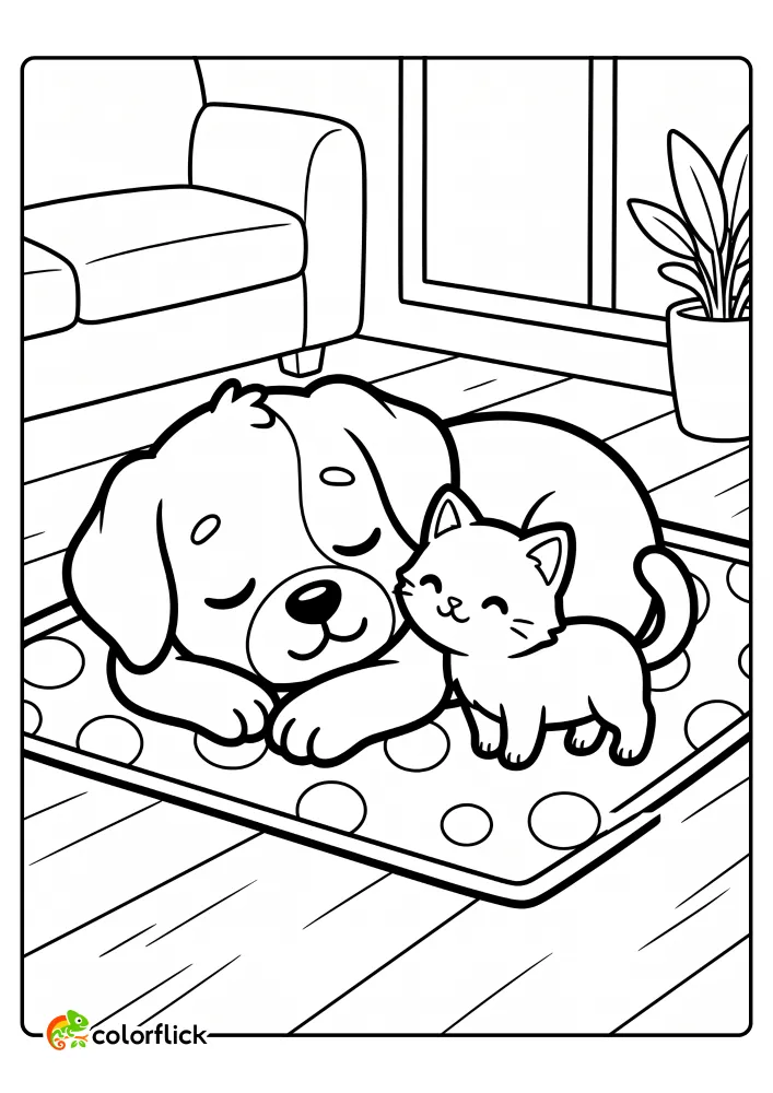 A printable coloring page for kids showing an affectionate cat rubbing its head against a large, sleeping dog resting peacefully on a mat.