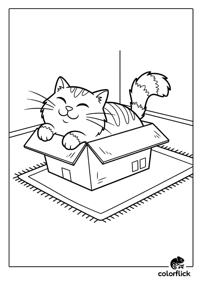 Coloring page sketch of a happy and chubby cat sitting squeezed inside a cardboard box that is slightly too small.