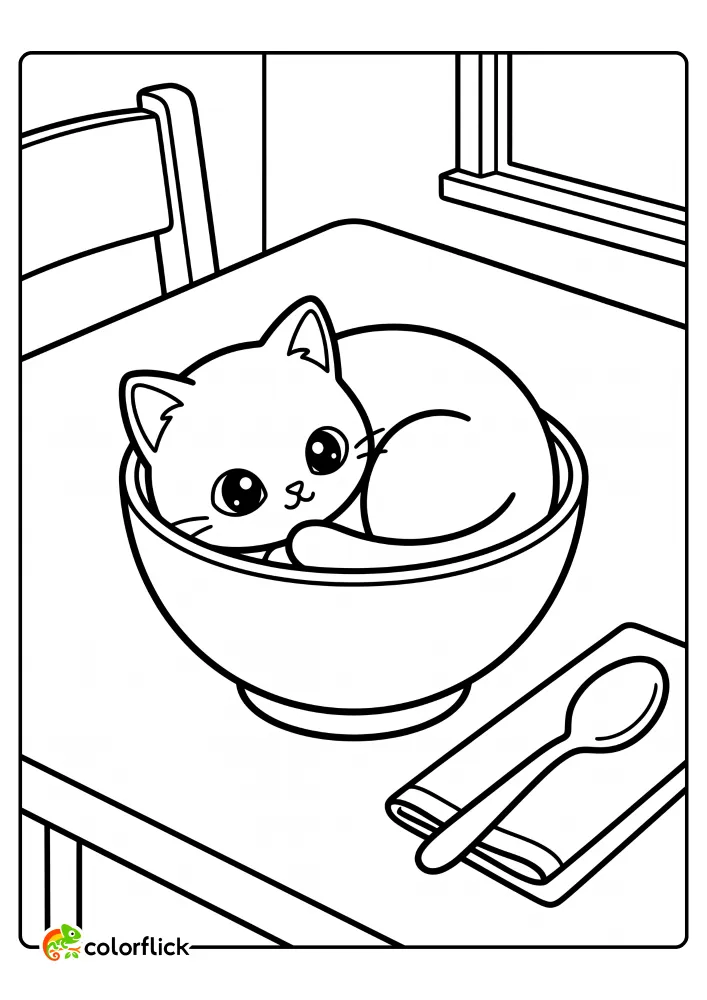 A printable coloring page for kids featuring a cute cat curled up inside a large soup bowl on a dining table next to a spoon and napkin.