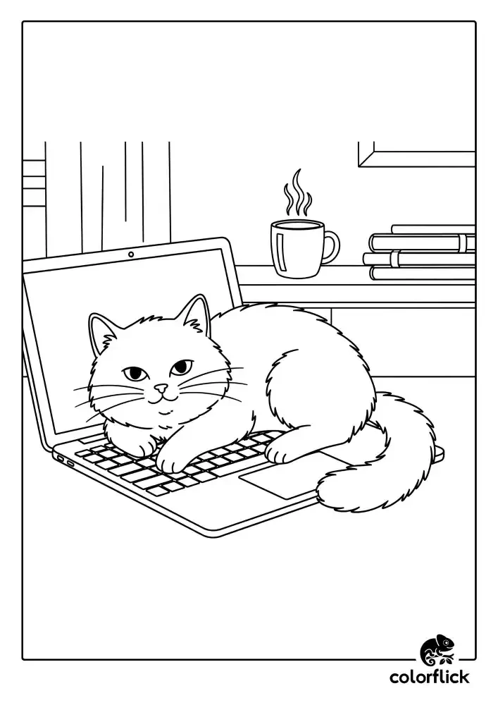 Coloring page sketch of a fluffy cat sleeping comfortably on a laptop keyboard, with a coffee mug in the background.