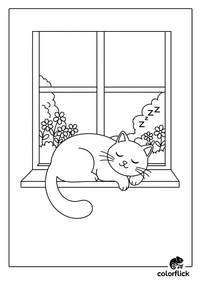 Coloring page sketch of a calm and content cat curled up and sleeping in a patch of sunlight on a windowsill