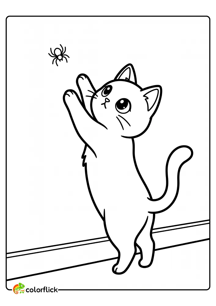 A printable coloring page for kids showing a cute cat stretching up on its hind legs to bat at a tiny spider on a bare wall with a baseboard.