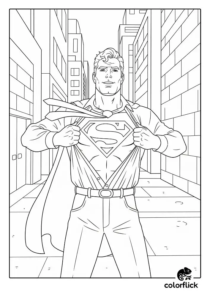 Coloring page sketch of Clark Kent opening his shirt to reveal the Superman costume underneath, standing in a city alleyway