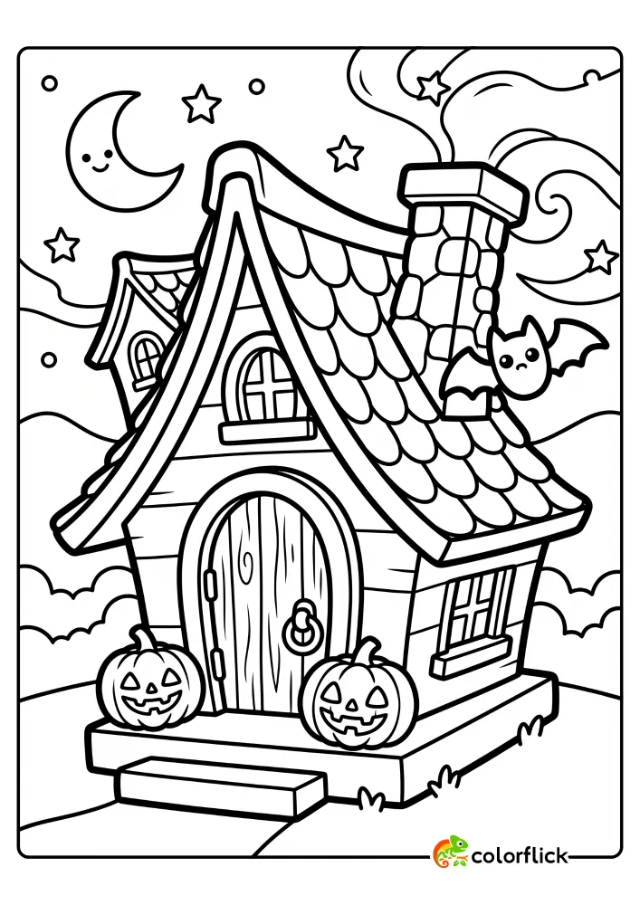 A friendly crooked haunted house with curved roof tiles, a bat near the chimney, and two carved pumpkins on the steps. Printable coloring page for kids.