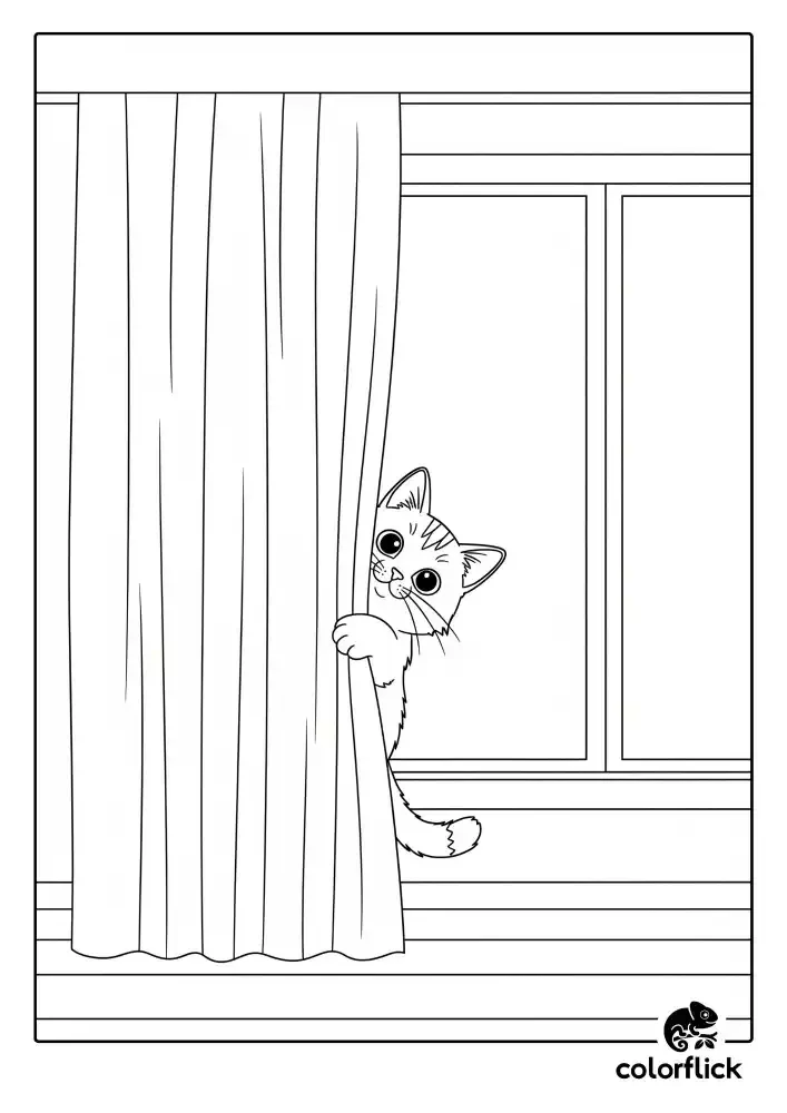 Coloring page sketch of a cute and curious cat peeking its head out from behind a long curtain next to a window.