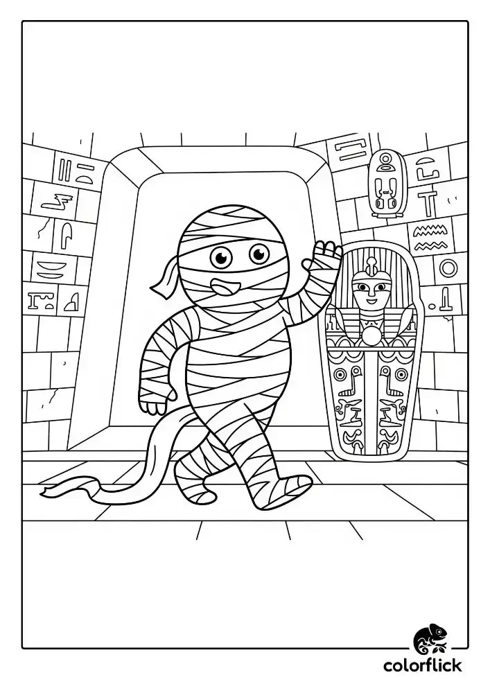 A black and white coloring page of a friendly cartoon mummy waving as it walks through an Egyptian tomb, with hieroglyphics on the walls and a sarcophagus in the background.