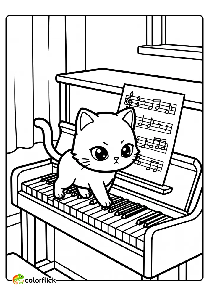 A cute cat walking carefully across the black and white keys of an open upright piano, free printable coloring sheet.