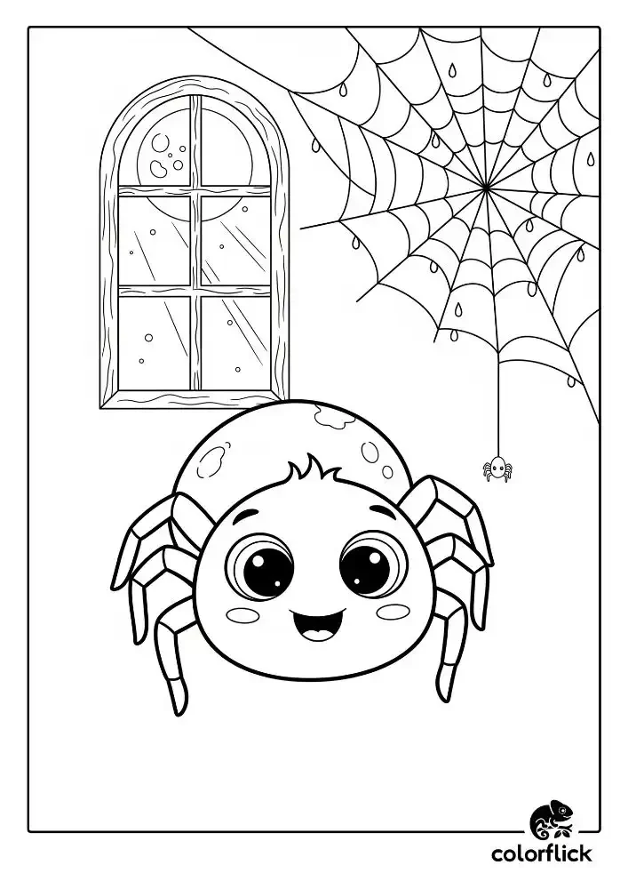 A black and white coloring page of a cute, smiling cartoon spider in front of its web, with a window showing the night sky in the background.