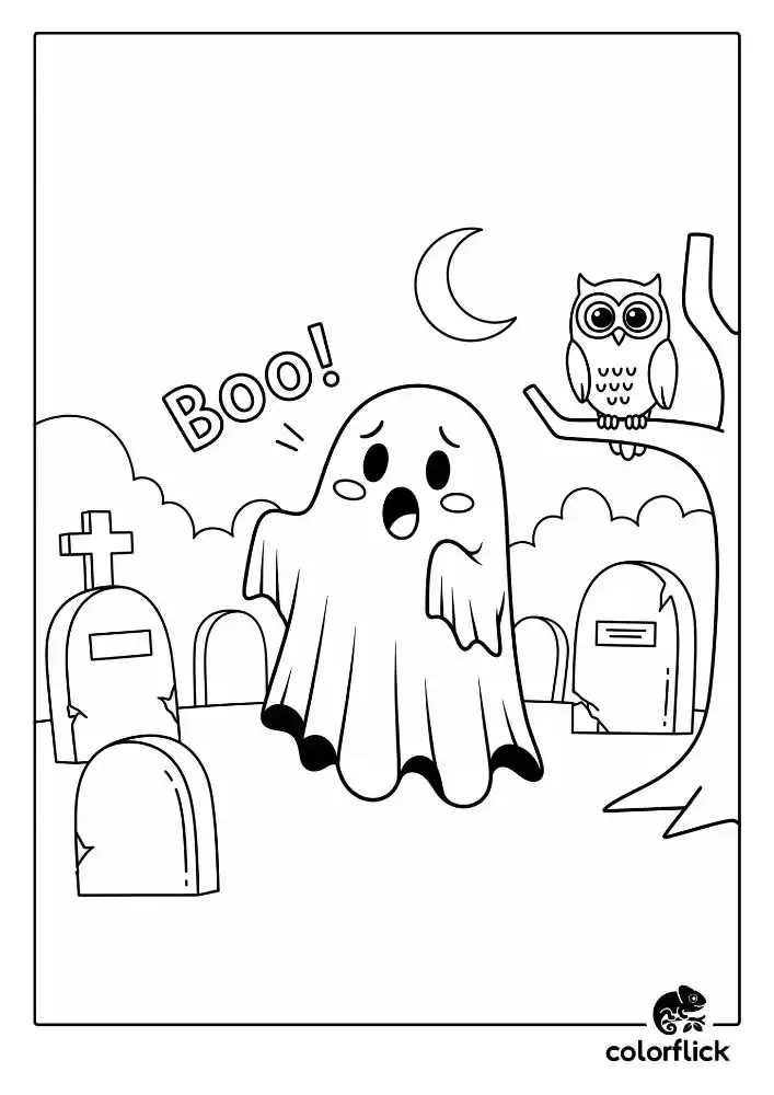 A black and white coloring page of a cute but shy ghost trying to say "Boo!" in a friendly cemetery at night, with an owl on a tree branch.