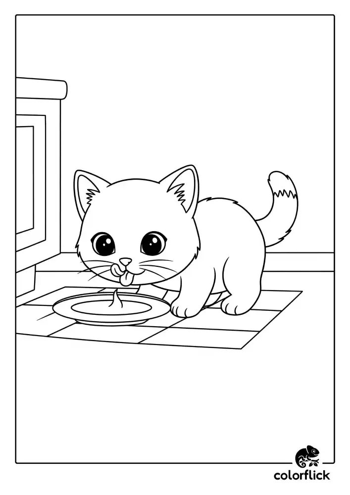 Coloring page sketch of a small, cute kitten lapping up milk from a saucer on a kitchen floor