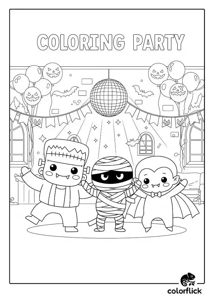 A black and white coloring page of a friendly Frankenstein's monster, mummy, and vampire dancing together at a Halloween party under a disco ball.