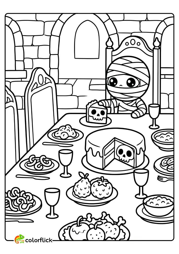 A printable coloring page for kids featuring a wide-eyed mummy sitting at a dining table filled with plates of food, reaching for a slice of skull cake.