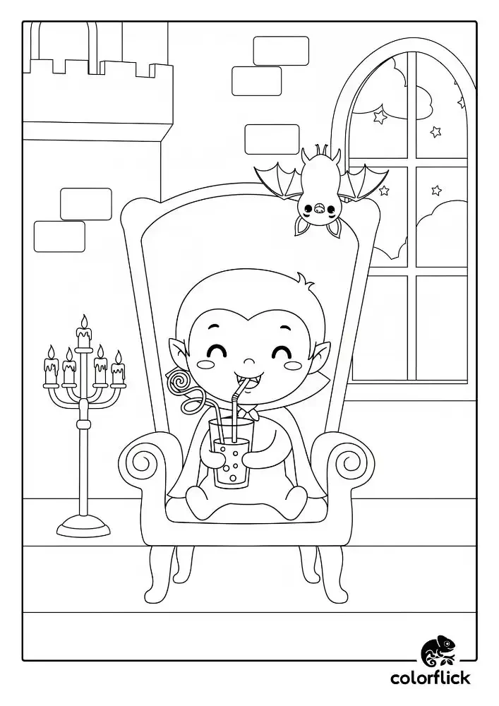 A black and white coloring page of a cute young vampire in a castle, sipping a drink through a curly straw, with his pet bat hanging from his chair.