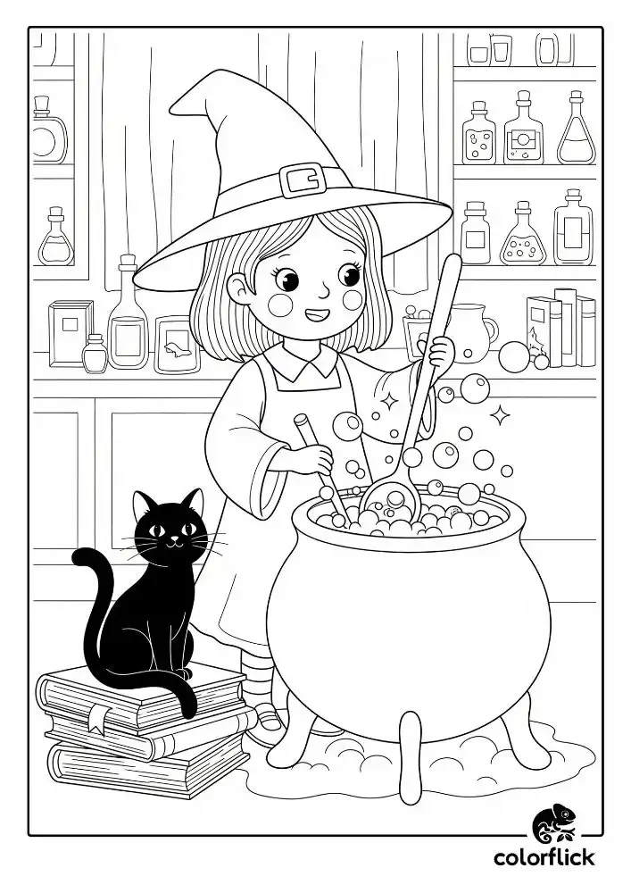 A black and white coloring page of a cute young witch stirring a bubbling potion in a large cauldron, with her black cat sitting on spellbooks beside her.