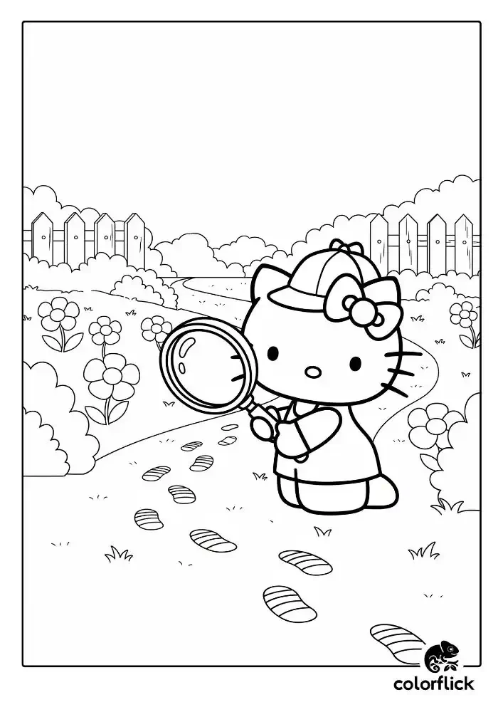 A black and white coloring page of Detective Hello Kitty wearing a hat, examining a trail of footprints in a garden with a large magnifying glass.