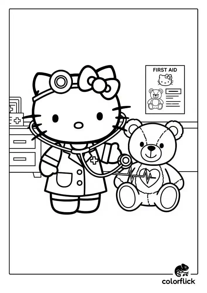 A black and white coloring page of Doctor Hello Kitty wearing a coat and stethoscope, checking the heartbeat of her fluffy teddy bear patient in a clinic.