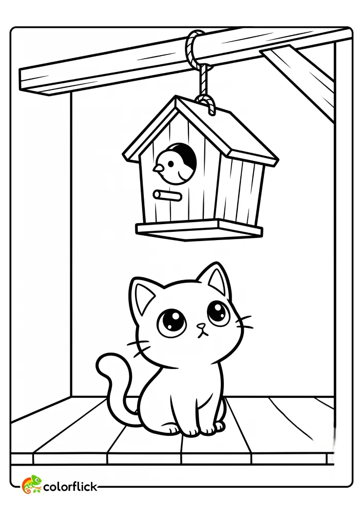 An easy-to-color printable coloring page for kids featuring a curious cat sitting on a porch, looking up at a birdhouse where a little bird is peeking out.