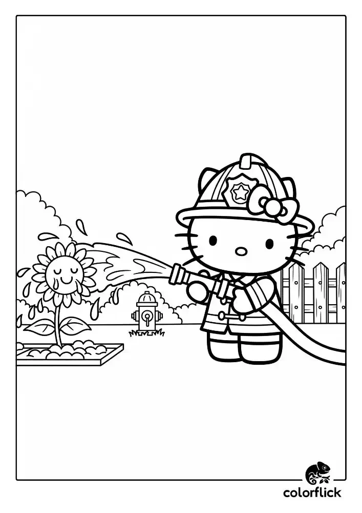 A black and white coloring page of Firefighter Hello Kitty wearing a helmet and coat, using a fire hose to playfully water a happy sunflower in a garden.