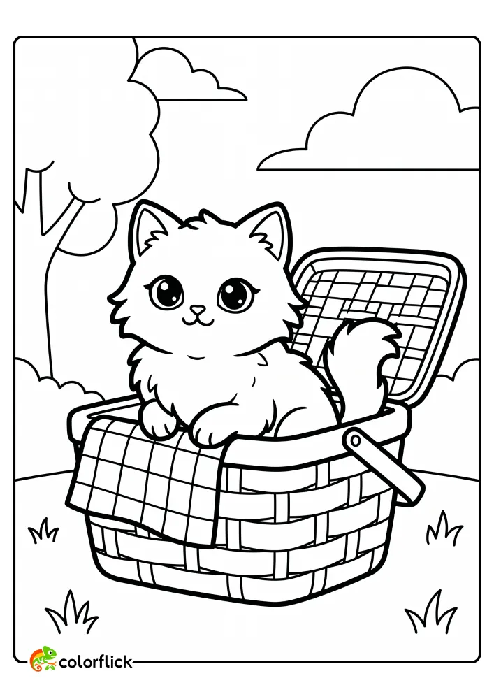 A cute fluffy cat sitting inside a wicker picnic basket with a checkered cloth and park background, printable coloring page for kids.