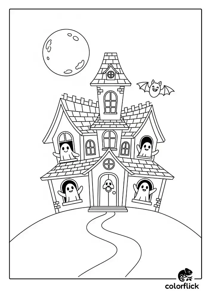 A black and white coloring page of a friendly haunted house on a hill, with cute ghosts waving from the windows and a full moon in the sky.