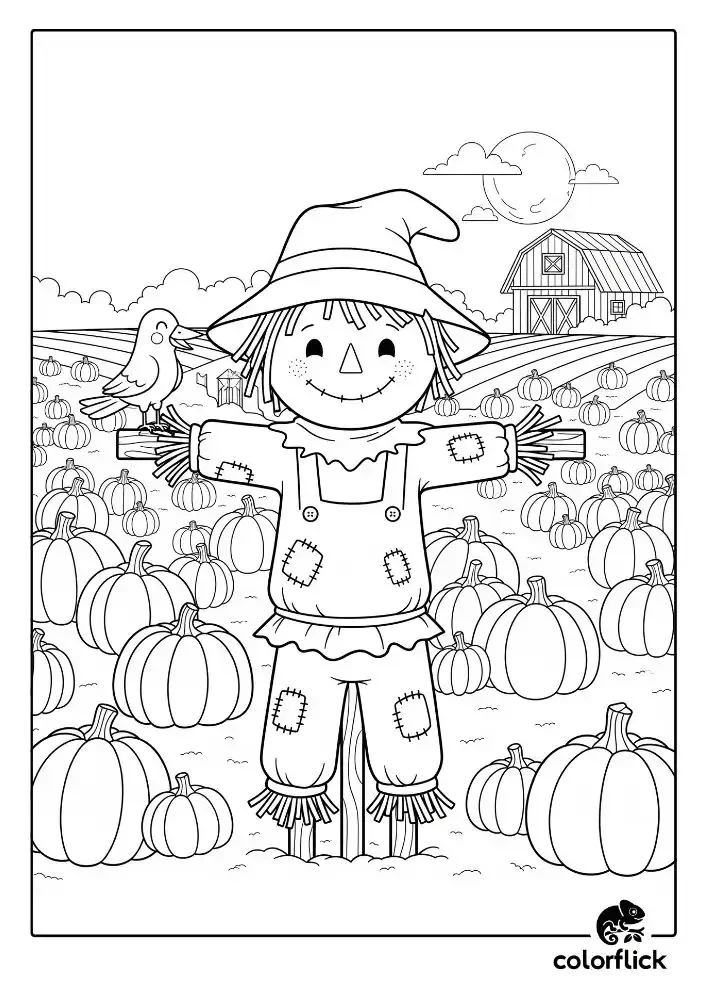 A black and white coloring page of a friendly, smiling scarecrow standing in a large pumpkin patch with a crow on its arm and a barn in the background.