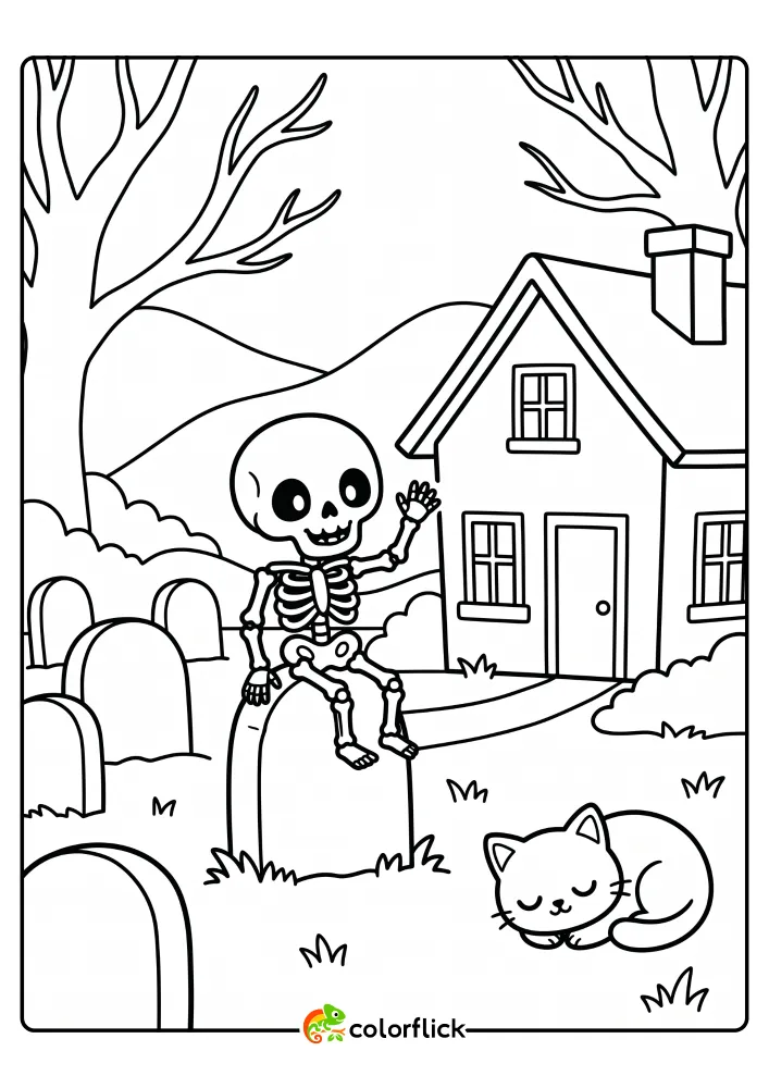 A cute printable coloring page for kids featuring a friendly cartoon skeleton sitting on a gravestone and waving, with a sleeping cat and a house in the background graveyard scene.