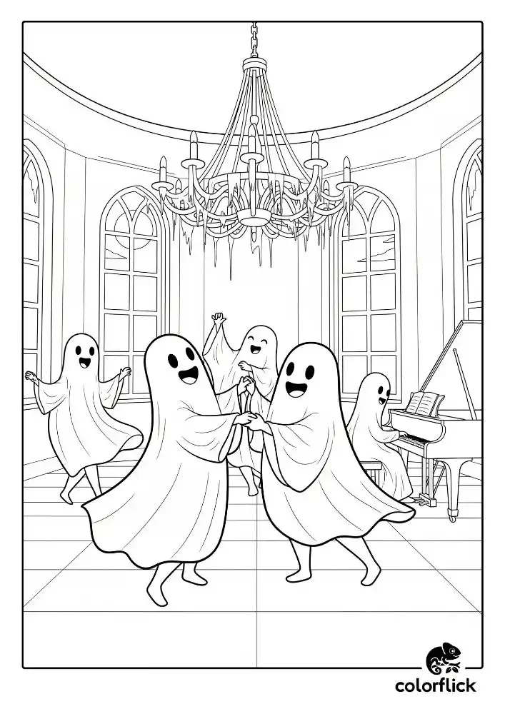 A black and white coloring page of friendly ghosts waltzing and dancing in a grand ballroom under a chandelier, with one ghost playing the piano.