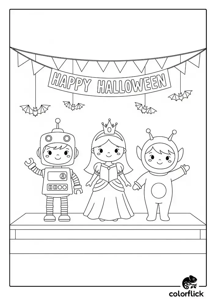 A black and white coloring page of three children in a Halloween costume parade on stage, dressed as a robot, a princess, and an alien under a "Happy Halloween" banner.