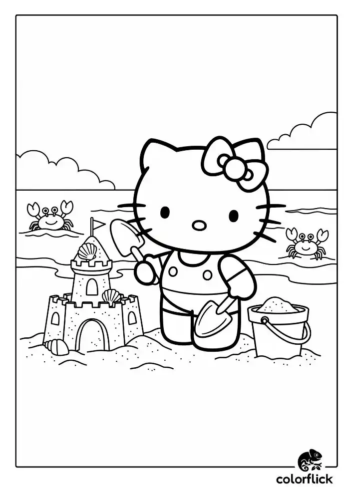 Coloring page sketch of Hello Kitty happily building a sandcastle on the beach with a shovel and bucket, with crabs in the background