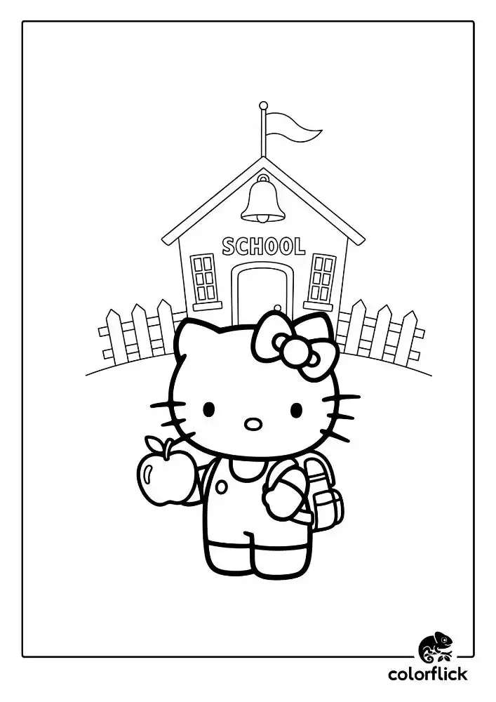 A black and white coloring page of Hello Kitty ready for her first day of school, holding an apple for the teacher and wearing a backpack in front of a schoolhouse