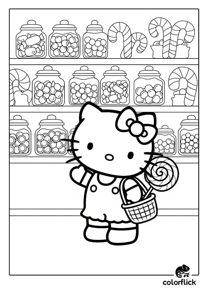 A black and white coloring page of Hello Kitty in a candy shop, holding a basket with a large lollipop, with shelves of candy jars in the background.