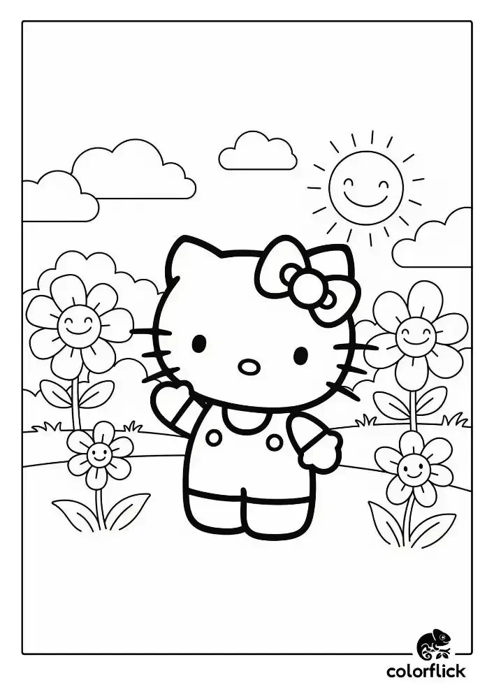 Coloring page sketch of Hello Kitty waving in a cheerful flower garden with a smiling sun in the background.